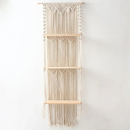 Boho Macrame Wall Hanging Shelf 3 Tier Handmade Woven Wood Organizer Shelves Wall Floating Plant Hanger for Home Decor