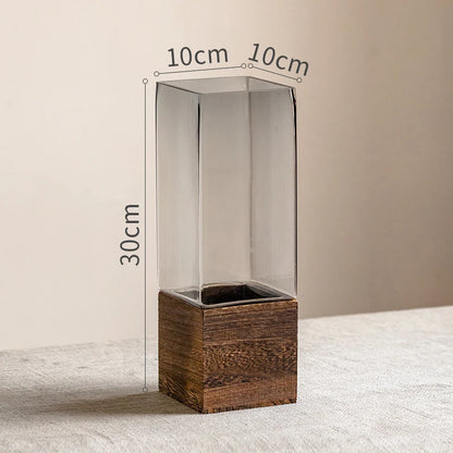 Nordic Glass Vase with Wooden Base for Hydroponic Flowers Artificial Dried Flowers Living Room Office Desk Terrarium Decoration