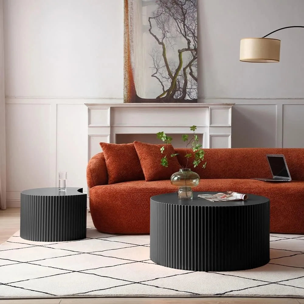 Nesting Coffee Table Set of 2, Matte Black Round Wooden Coffee Tables, Modern Luxury Side Tables Accent End Table