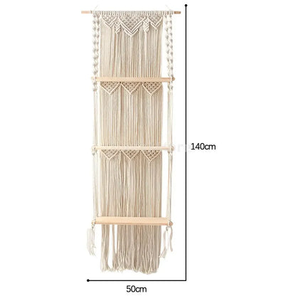 Boho Macrame Wall Hanging Shelf 3 Tier Handmade Woven Wood Organizer Shelves Wall Floating Plant Hanger for Home Decor