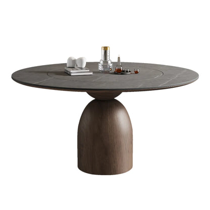 New style rock plate dining table round with turntable retro household dining table Italian modern simple solid wood round table