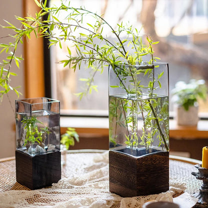 Nordic Glass Vase with Wooden Base for Hydroponic Flowers Artificial Dried Flowers Living Room Office Desk Terrarium Decoration