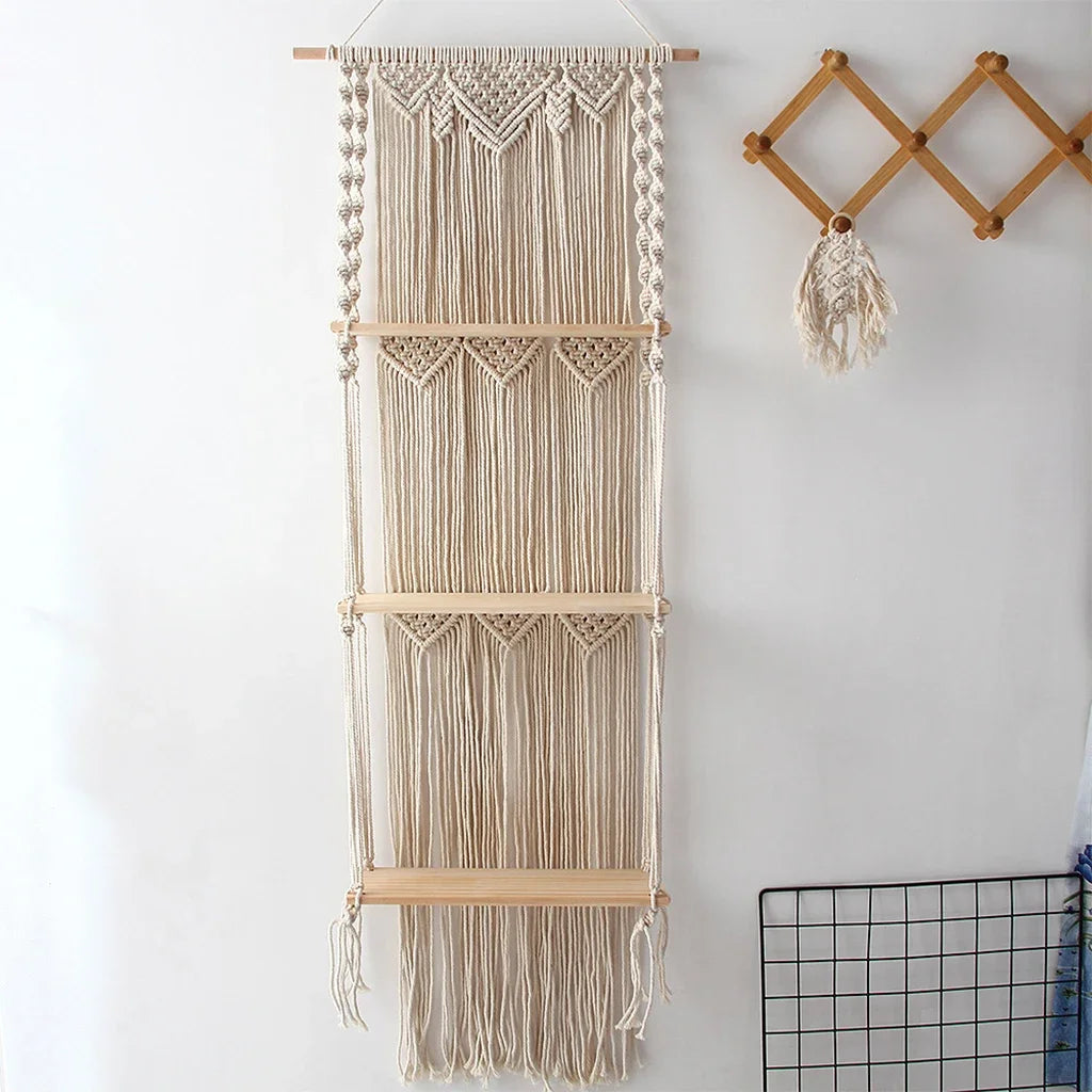 Boho Macrame Wall Hanging Shelf 3 Tier Handmade Woven Wood Organizer Shelves Wall Floating Plant Hanger for Home Decor