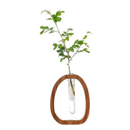 Walnut solid wood flower ware Creative flower arrangement decoration Simple glass plant flower stand mini water-cultured vase