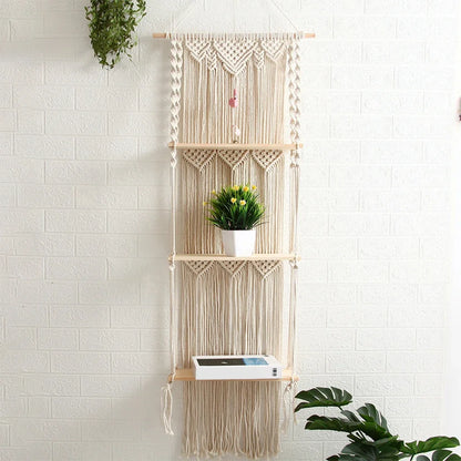 Boho Macrame Wall Hanging Shelf 3 Tier Handmade Woven Wood Organizer Shelves Wall Floating Plant Hanger for Home Decor