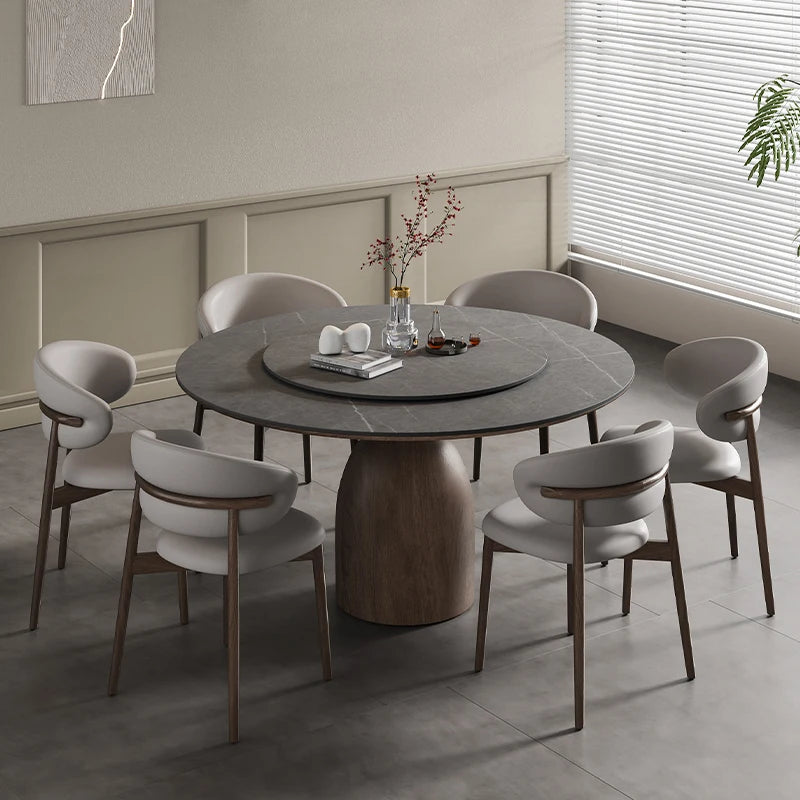 New style rock plate dining table round with turntable retro household dining table Italian modern simple solid wood round table