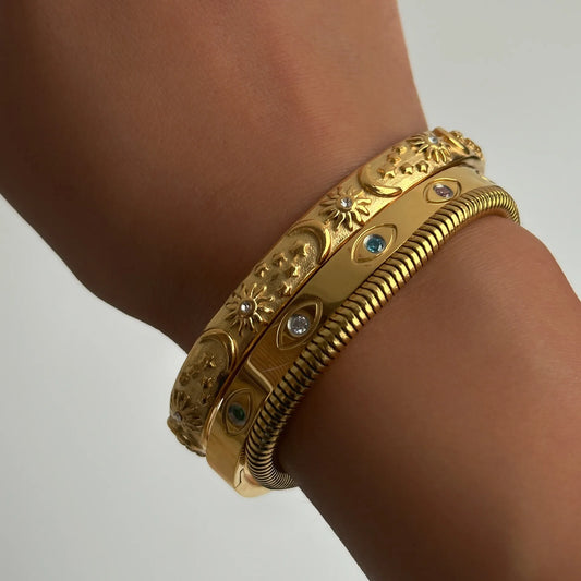 Armband aus Edelstahl 18 Karat Gold mit Stern, Mond und Sonne