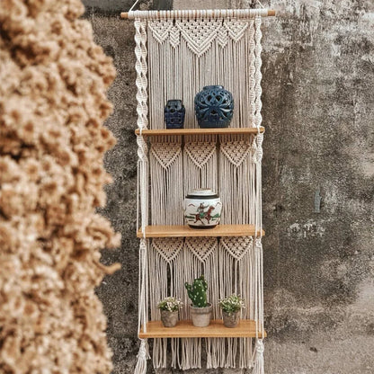 Boho Macrame Wall Hanging Shelf 3 Tier Handmade Woven Wood Organizer Shelves Wall Floating Plant Hanger for Home Decor