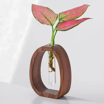 Walnut solid wood flower ware Creative flower arrangement decoration Simple glass plant flower stand mini water-cultured vase