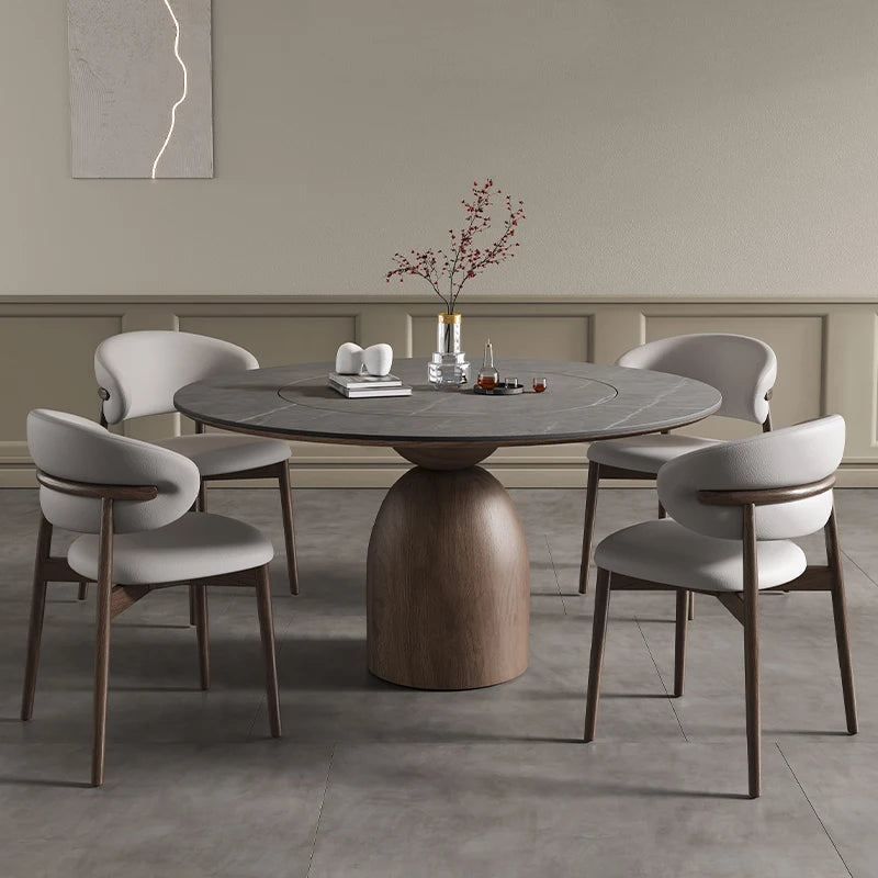 New style rock plate dining table round with turntable retro household dining table Italian modern simple solid wood round table