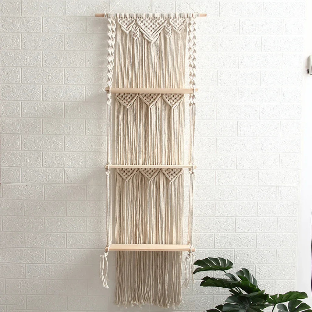 Boho Macrame Wall Hanging Shelf 3 Tier Handmade Woven Wood Organizer Shelves Wall Floating Plant Hanger for Home Decor