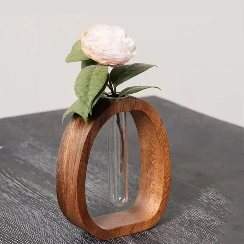 Walnut solid wood flower ware Creative flower arrangement decoration Simple glass plant flower stand mini water-cultured vase