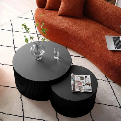 Nesting Coffee Table Set of 2, Matte Black Round Wooden Coffee Tables, Modern Luxury Side Tables Accent End Table